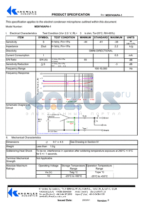 MD9745APA-1 datasheet - Electrical Characteristics Test Condition (Vs= 2 . 0 V, RL= 3 k ohm, Ta=20`C, RH=65%)