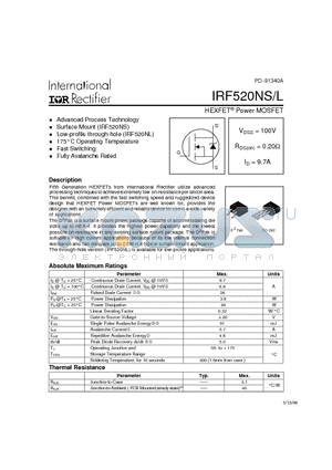 IRF520NS datasheet - Power MOSFET(Vdss=100V, Rds(on)=0.20ohm, Id=9.7A)