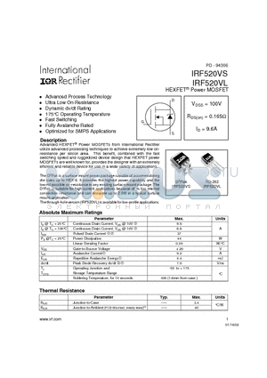 IRF520VL datasheet - Power MOSFET(Vdss=100V, Rds(on)=0.165ohm, Id=9.6A)