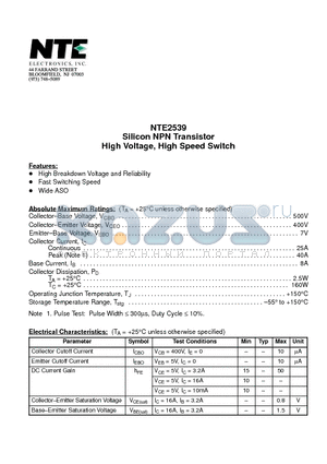 NTE2539 datasheet - Silicon NPN Transistor High Voltage, High Speed Switch