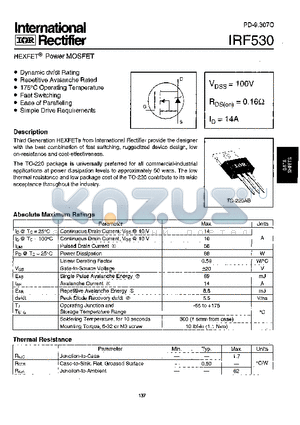 IRF530 datasheet - Power MOSFET(Vdss=100V, Rds(on)=0.16ohm, Id=14A)