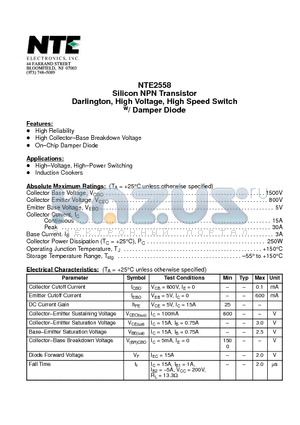 NTE2558 datasheet - Silicon NPN Transistor Darlington, High Voltage, High Speed Switch w/ Damper Diode