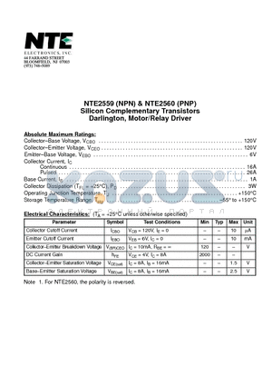 NTE2560 datasheet - Silicon Complementary Transistors Darlington, Motor/Relay Driver