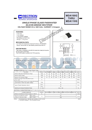 MDA100G_07 datasheet - SINGLE-PHASE GLASS PASSIVATED SILICON BRIDGE RECTIFIER VOLTAGE RANGE 50 to 1000 Volts CURRENT 1.0 Ampere