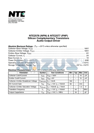 NTE2576 datasheet - Silicon Complementary Transistors Audio Output Driver