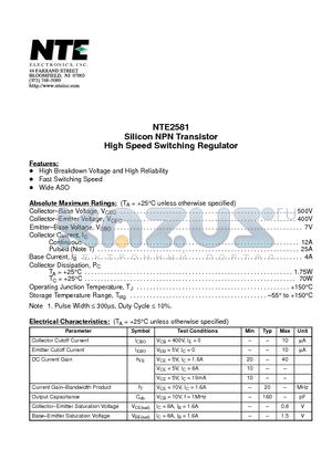 NTE2581 datasheet - Silicon NPN Transistor High Speed Switching Regulator