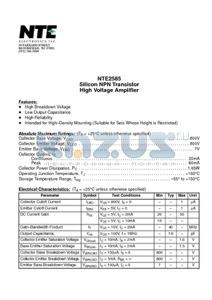 NTE2585 datasheet - Silicon NPN Transistor High Voltage Amplifier