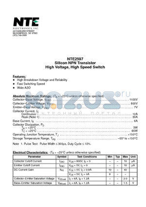 NTE2597 datasheet - Silicon NPN Transistor High Voltage, High Speed Switch