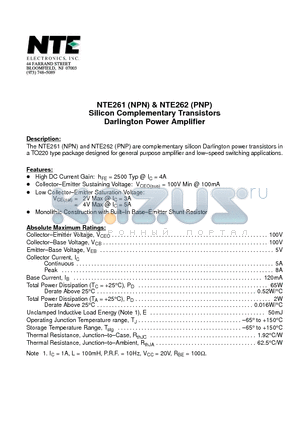 NTE261 datasheet - Silicon Complementary Transistors Darlington Power Amplifier