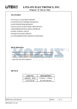 LTS2301AP datasheet - 0.28 INCH DIGIT HEIGHT SINGLE DIGIT SEVEN SEGMENT DISPLAY