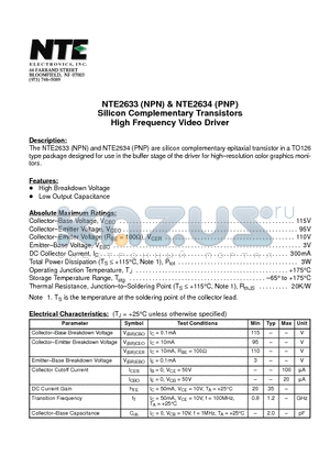 NTE2633 datasheet - Silicon Complementary Transistors High Frequency Video Driver