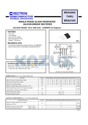 MDA208G datasheet - SINGLE-PHASE GLASS PASSIVATED SILICON BRIDGE RECTIFIER (VOLTAGE RANGE 50 to 1000 Volts CURRENT 2.0 Amperes)