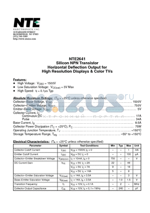 NTE2641 datasheet - Silicon NPN Transistor Horizontal Deflection Output for High Resolution Displays & Color TVs