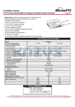 K1536BLC datasheet - 3.3V 9x11mm Surface Mount Voltage Controlled Crystal Oscillator