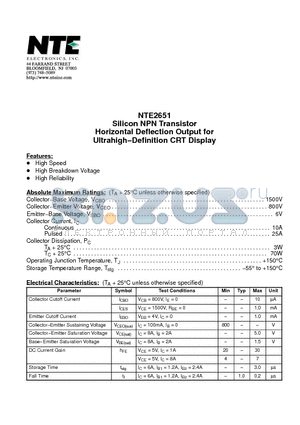 NTE2651 datasheet - Silicon NPN Transistor Horizontal Deflection Output for Ultrahigh−Definition CRT Display