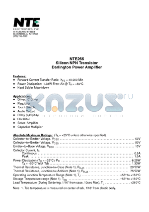 NTE266 datasheet - Silicon NPN Transistor Darlington Power Amplifier