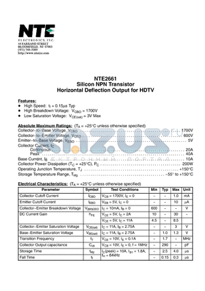 NTE2661 datasheet - Silicon NPN Transistor Horizontal Deflection Output for HDTV