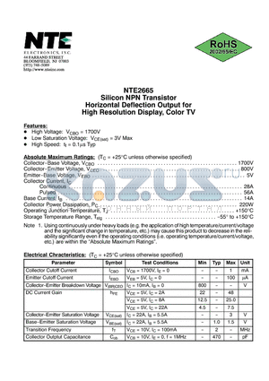 NTE2665 datasheet - Silicon NPN Transistor Horizontal Deflection Output for High Resolution Display, Color TV