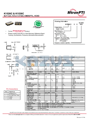 K1536CC datasheet - 9x11 mm, 5.0 or 3.3 Volt, CMOS/TTL, VCXO