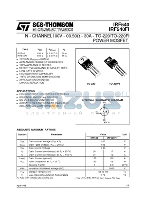 IRF540 datasheet - N - CHANNEL100V - 00.50ohm - 30A - TO-220/TO-220FI POWER MOSFET