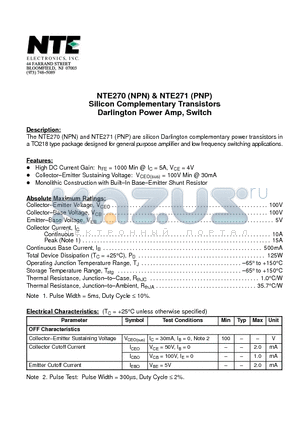 NTE270 datasheet - Silicon Complementary Transistors Darlington Power Amp, Switch