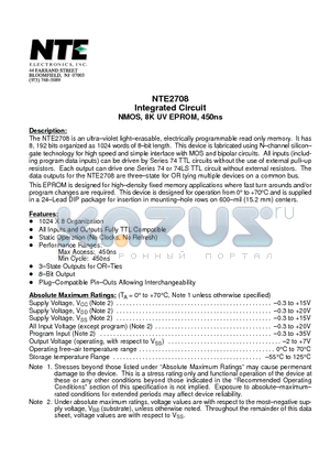 NTE2708 datasheet - Integrated Circuit NMOS, 8K UV EPROM, 450ns