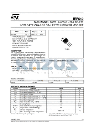 IRF540 datasheet - N-CHANNEL 100V - 0.055Y - 22A TO-220 LOW GATE CHARGE STripFET II POWER MOSFET