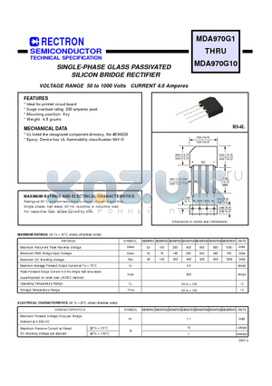 MDA970G10 datasheet - SINGLE-PHASE GLASS PASSIVATED SILICON BRIDGE RECTIFIER (VOLTAGE RANGE 50 to 1000 Volts CURRENT 4.0 Amperes)