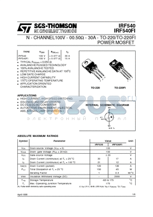 IRF540FI datasheet - N - CHANNEL100V - 00.50ohm - 30A - TO-220/TO-220FI POWER MOSFET