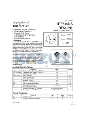 IRF540NL datasheet - Power MOSFET(Vdss=100V, Rds(on)=44mohm, Id=33A)