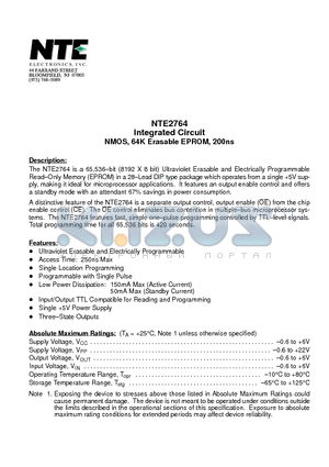 NTE2764 datasheet - Integrated Circuit NMOS, 64K Erasable EPROM, 200ns