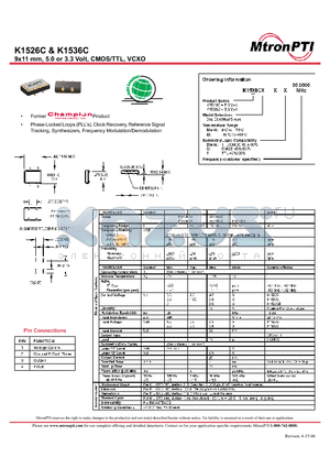 K1536CMC datasheet - 9x11 mm, 5.0 or 3.3 Volt, CMOS/TTL, VCXO