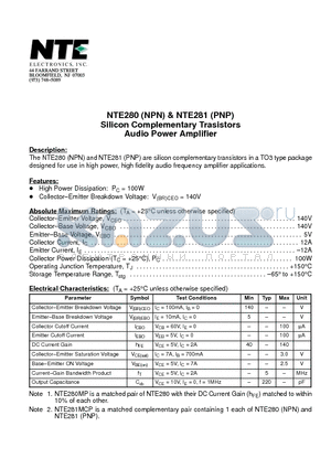 NTE280 datasheet - Silicon Complementary Trasistors Audio Power Amplifier