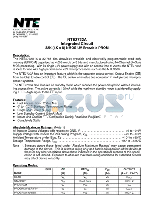 NTE2732A datasheet - Integrated Circuit 32K (4K x 8) NMOS UV Erasable PROM