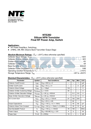 NTE282 datasheet - Silicon NPN Transistor Final RF Power Amp, Switch