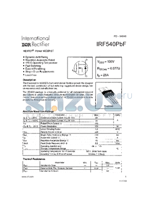 IRF540PBF datasheet - HEXFET^ Power MOSFET