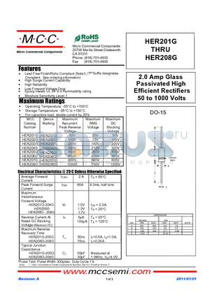 HER205G datasheet - 2.0 Amp Glass Passivated High Efficient Rectifiers 50 to 1000 Volts