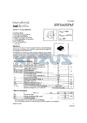 IRF540SPBF datasheet - HEXFET^ Power MOSFET