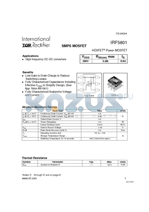 IRF5801 datasheet - Power MOSFET(Vdss=200V, Rds(on)max=2.2ohm, Id=0.6A)