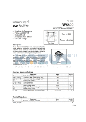IRF5800 datasheet - Power MOSFET(Vdss=-30V, Rds(on)=0.085ohm)
