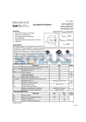 IRF540ZSPBF datasheet - AUTOMOTIVE MOSFET