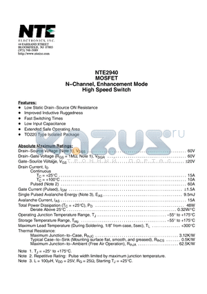 NTE2940 datasheet - MOSFET N−Channel, Enhancement Mode High Speed Switch