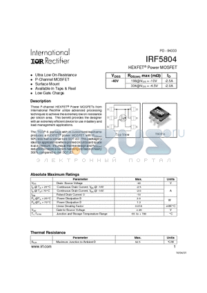 IRF5804 datasheet - Power MOSFET(Vdss=-40V)