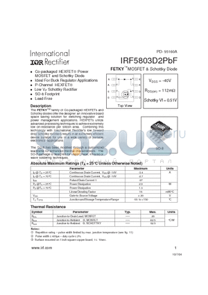 IRF5803D2PBF datasheet - FETKY ^MOSFET & Schottky Diode