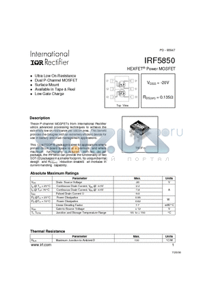 IRF5850 datasheet - Power MOSFET(Vdss=-20V, Rds(on)=0.135ohm)