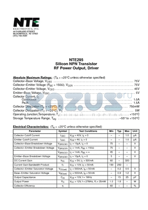 NTE295 datasheet - Silicon NPN Transistor RF Power Output, Driver