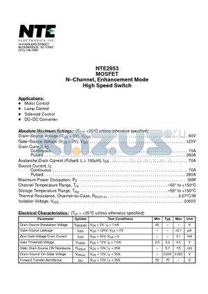 NTE2953 datasheet - MOSFET N-Channel, Enhancement Mode High Speed Switch