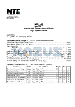 NTE2955 datasheet - MOSFET N-Channel, Enhancement Mode High Speed Switch