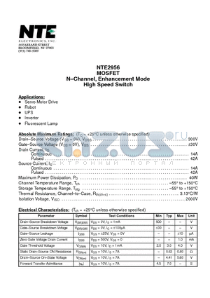 NTE2956 datasheet - MOSFET N-Channel, Enhancement Mode High Speed Switch