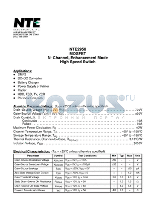 NTE2958 datasheet - MOSFET N-Channel, Enhancement Mode High Speed Switch